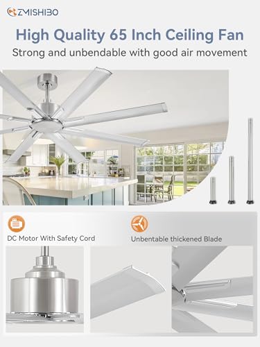 ZMISHIBO 65 Inch Ceiling Fan without Light, 8 Aluminum Reversible Blades | Industrial-Grade, DC Motor, Damp Rated, 6 Speeds, Remote Control, 3 Downrods, Flat/Sloped Ceiling, Living Room, Patio, Gym - color: Nickel, size: 65inch