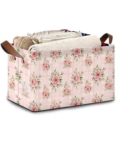 Vintage Pink Rose Storage Baskets,Foldable Large Capacity Organizer Bins with Waterproof Lining and Leather Handles for Closet,Shelf,Bedroom 17x11.5x10Inch - color: Vintage Pink Rose