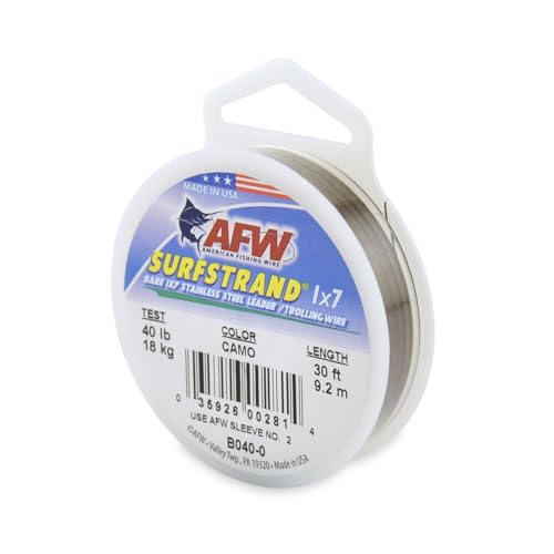 American Fishing Wire Surfstrand Bare 1x7 Stainless Steel Leader Wire - Fishing Leader Line for Saltwater, 20lb Test - 325lb Test in Bright, Camo in 30ft, 300ft, 600ft and 1,000ft Lengths - color: Camo, size: 40 lb / 30 ft
