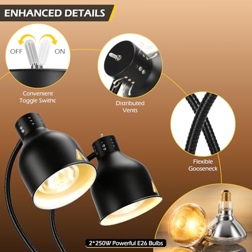 Dyna-Living Food Heat Lamp, 2-Head Adjustable Heat Lamp for Food Commercial Electric Food Warmer Lamp Catering Warming Lights for Buffet Parties Restaurant Kitchen, 500W (Black) - color: Black