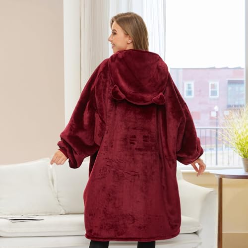 THREE POODLE Wearable Blanket Hoodie for Women, Oversized Sherpa Sweatshirt Blanket for Adults Men, Cozy Burgundy Hooded Blankets, Gifts for Teen Girls Women Mom Sister - color: Burgundy, size: Adult