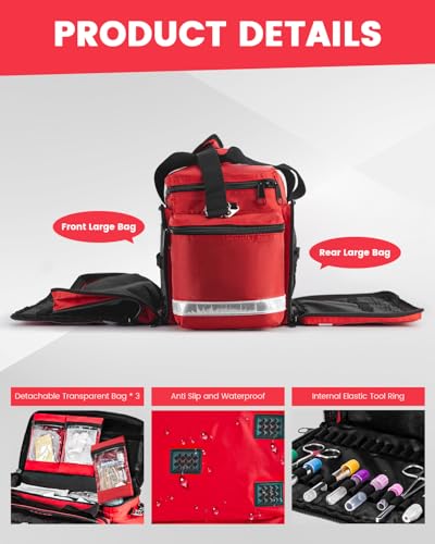 Large Medical Bag Empty, Paramedic Bag EMT Trauma for First Responders | Large Medical Duffle Bag 25.8" Water Resistant, 21 total compartments, 360 Reflective, 4 Dividers, 3 Removable Clear Pouches