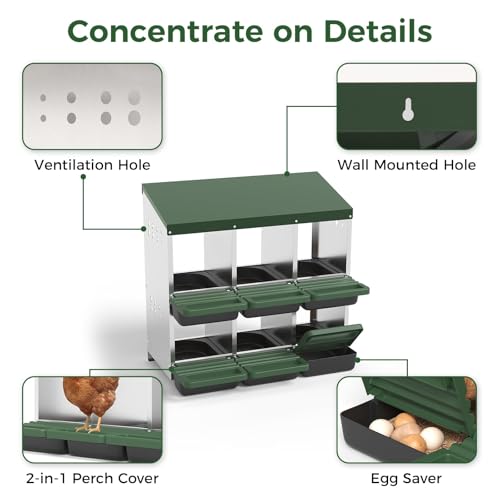 6-Compartment Chicken Nesting Box, Heavy Duty Galvanized Steel Poultry Nest Box, Wall Mount/Freestanding Design for Hens, Ducks, Backyard Homesteads & Farm Use, Green, with Soft Mats, No Stand - color: Green, size: 6 Room&Mat Board