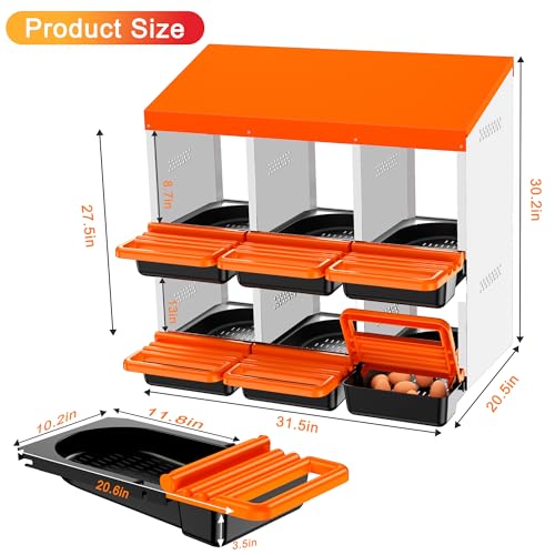 Chicken Nesting Boxes, Roll Away Nest Box for Egg Collector, 6 Holes Orange | Metal Nesting Box for Laying Eggs with Lid Cover to Protect Eggs, Easy Wipe, Slide Out for Quick Bedding Change and Rinse - size: 6 Holes
