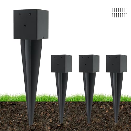 4 Pcs 4 "x 4 "Fence Post Anchor Ground Spike 16"(Fit 3.6 ” X 3.6”) | Heavy Duty Carbon Steel Fence Stakes Post Base With Black Powder Coated For Mailboxes|Fence|Trellis Posts|Banner