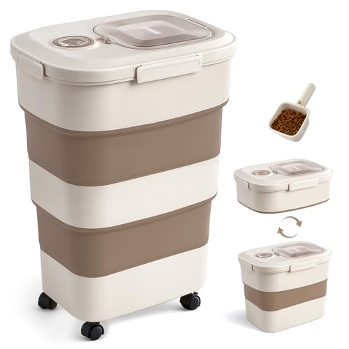 ZOMISIA 40-50lbs Dog Food Storage Container, Large Capacity Collapsible Airtight Pet Food Storage Containers with Rolling Wheels, Transparent Lid, Scoop and Date Track, Brown - color: Brown