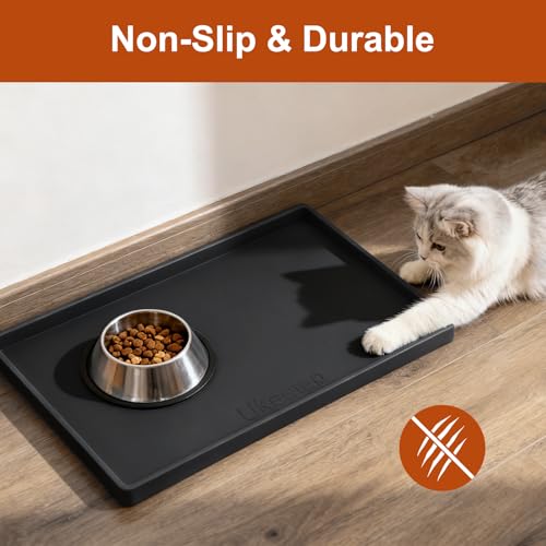 19" x 12" Extra Thick Silicone Mat Waterproof with Raised Edge, Black | BPA-Free Non-Slip Dog & Cat Food Mat, Feeding Mat for Food and Water Bowls, Spill Proof Mat to Protect Floors - color: Black, size: 19"L x 12"W
