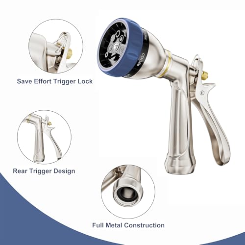 HOSUN Heavy Duty Garden Hose Nozzle, 100% Metal Adjustable Water Sprayer | 7 Spray Patterns, Rear Trigger with Lock, Durable Sturdy, High Pressure, Lawn Watering, Car Wash, Pet Cleaning