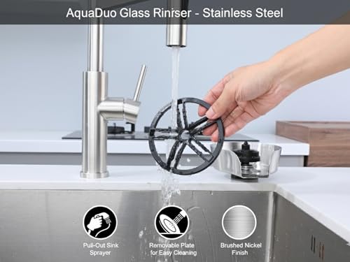 AquaDuo Glass Rinser and Kitchen Sink Sprayer Combo, Stainless Steel Cup Washer, Cup Cleaner, Bottle Washer, Bar Sink Attachment, Pull out Sprayer, Brushed Nickel - color: Brushed Nickel (Stainess Steel)