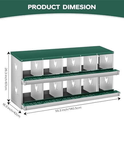 10 Compartment Chicken Nesting Box, Heavy Duty Metal Laying Box with Perch, Easy Assembly & Easy Clean for Outdoor Chicken Coop, Green - color: Green, size: 10 Compartment