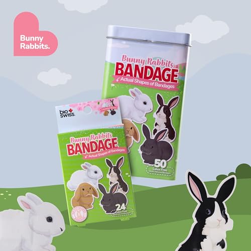 BioSwiss Bandages, Bunny Rabbits Shaped Self Adhesive Bandage Set, Latex Free, Sterile Wound Care, 50 Count - size: 50-Count Tin, style: Bunny Rabbits
