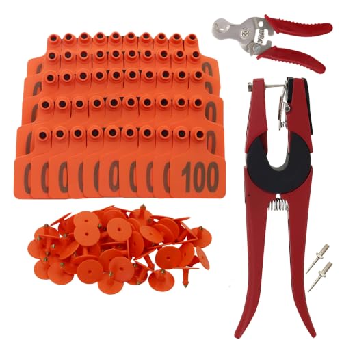 Cattle Ear Tags numberd 001-100 with Applicator Kit,Orange | Large Plastic Livestock Ear Tag with Tagging & Removal Pliers Kit,for Cattle,Sheep,Cow,Goat,Pigs,Animal ID Cards with Pins - color: Orange, size: 001-100 with Tagging & Removal Pliers Kit