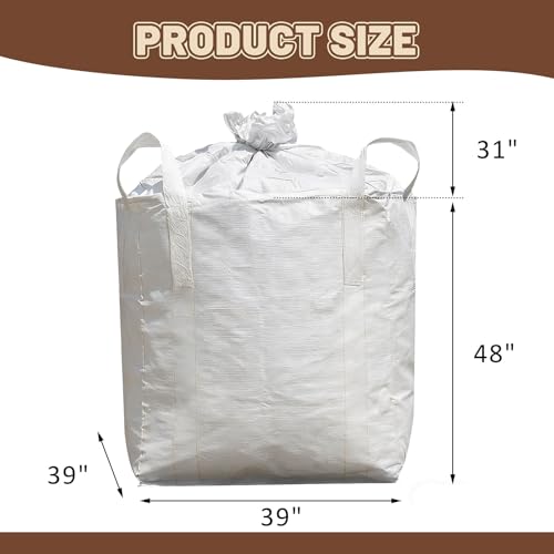 Heavy Duty Bulk Bags 320 Gallon, Duffle Top, Pack of 5 | White Woven Polypropylene FIBC Bulk Bags for Construction, Demolition, Mining & Landscaping, Holds up to 2860lbs - size: 5 Pack / MAX LOAD:2860 LBS