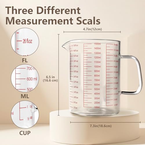 WhiteRhino Glass Measuring Cup,6Cup/1500ml/50oz Liquid Measuring Cups, Measuring Cup With Handle and V-Shaped Spout, Glass Beaker with Three Scales (OZ, Cup, ML), Dishwasher/Freezer/Microwave Safe - color: 6 Cup / 1500ml / 50oz - Glass