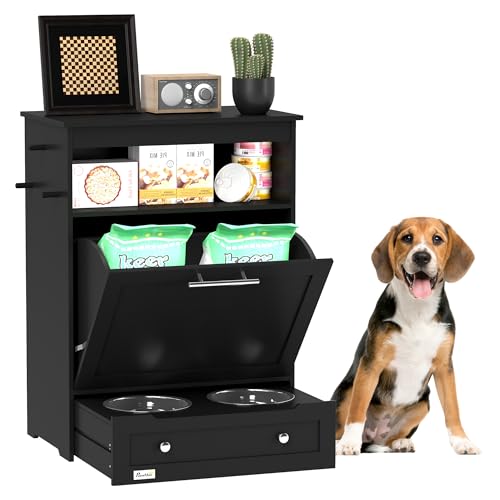 PawHut Dog Feeding Station with Raised Bowls, Pet Feeder Station, Black | Dog Food Storage Cabinet, Hanger for Feeding & Watering Supplies - color: Black