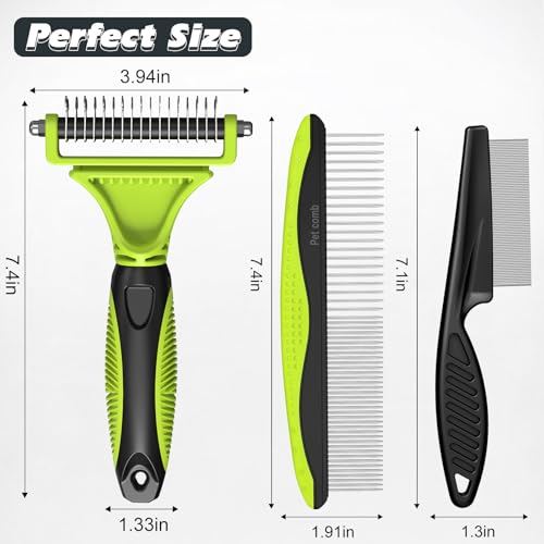 3PCS Pet Grooming Rake & Metal Comb & Flea Comb for Cats and Dogs, Double-Sided Dematting Tool, Extra-Wide Deshedding Dog Brush for Long Hair to Effectively Remove Tangles, Knots and Mats (Green) - color: C-Green