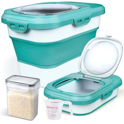 Rice Storage Container, Collapsible Airtight Food Storage Containers 6-20 Lbs, Rice Dispenser with Measuring Cup and Small Bin for Flour Cereal Pasta Grain, Cat Pet Dog Bird Food Container - color: Green