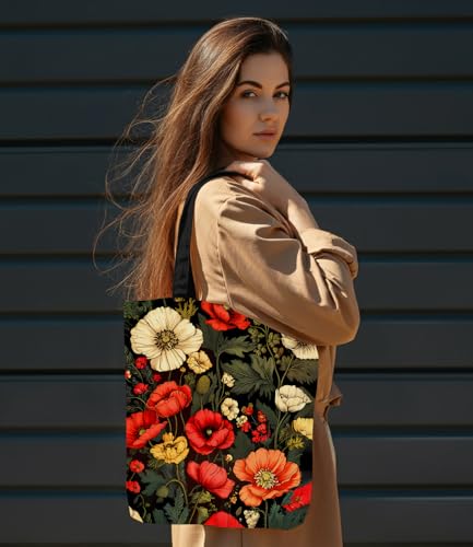 Aesthetic Floral Canvas Tote Bag - Reusable Shoulder Tote Bag for Women Lady Casual Vacation, Shopping, Work, Gym - color: Dark Floral001