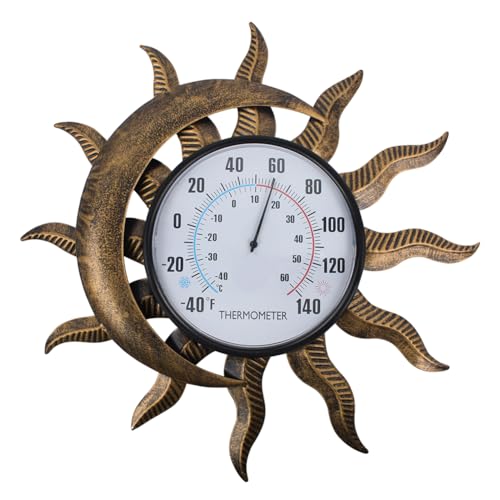 14" Sun-Moon Outdoor Thermometer, No Need Battery | Metal Wall Thermometer, Decorative Indoor Thermometer for Patio, Garden, Living Room - color: Sun & moon