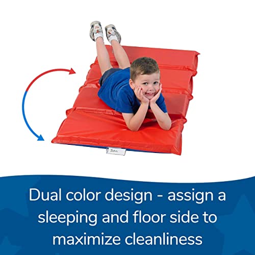 Children's Factory Angels 2" Thick Toddler Nap Mat, Red-Blue, 4 Section Waterproof Sleeping Mat for use in Preschools and Daycares | Comfortable 4-Section Sleep Mat, Foam-Filled Kids Mat, Water-Resistant Folding Nap Mats for Daycare and Preschool