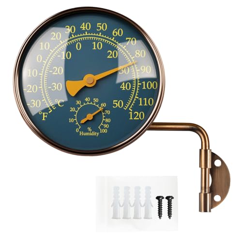 4" Outdoor Thermometer & Humidity Gauge, Brass Analog Dial | Window Thermometer for Outside Temperature & Humidity Monitor, Battery-Free for Patio Garage Greenhouse Garden Wall