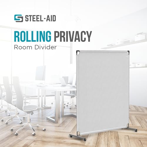 Steel-AID 50-inch Rolling Privacy Room Divider - Freestanding Office Wall Partition with Non See-Through Blackout Screen - Sturdy & Durable Iron Frame - Rolling Wheels - Black, White, Gray & Blue - color: White