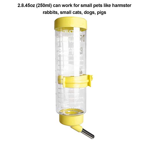 Depets 2PCS 8.45 oz No Drip Small Animal Water Bottle, Cage Water Bottles | Plastic, for Small Pet/Guinea Pig/Hamster/Bunny/Ferret/Rabbit, Hanging Wire & Buckle Included, Easy to Install, Yellow & Blue