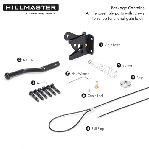 HILLMASTER Self Locking Gate Latch for Wooden Fence Heavy Duty,Gravity Lever Fence Door Latches with Steel Spring Cable Pull String Gate Hardware Gate Lock for Outdoor Secure Pool,Garden,Black Finish - size: 1 Pack