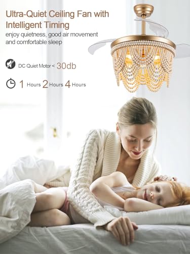 42“ Boho Fandalier Ceiling Fan with Light Retractable Ceiling Fan | Wood Beaded Chandelier Light for Bedroom Living Room, Coastal Fandelier, Reversible Quiet 6 Speeds 3 E26 Bulbs (Not Included) - color: Gold
