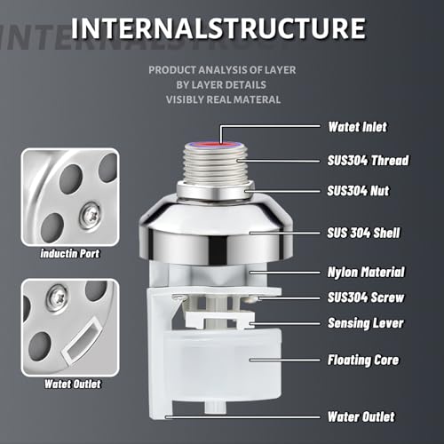 Leak-Proof NPT 1/2" Water Float Valve,1/2" to 3/4" 304 Stainless Steel Fully Automatic Water Level Control Float Valve for Water Tank, Cattle Tank, Pool, Fish Tank, Distiller, Livestock Troughs