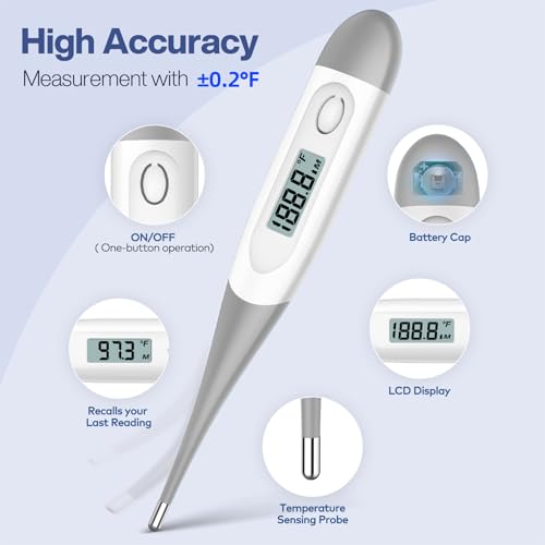 Boncare Digital Thermometer for Adults, Kids & Babies, Gray | Accurate & Safe Oral and Rectal Thermometer with 10-Second Reading and Fever Alarm - color: Grey