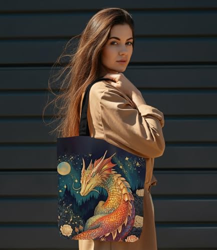 Vintage Botanical Animal Canvas Tote Bag for Women, Aesthetic Floral Animal Reusable Shoulder Bag for Shopping - color: Dragon_02