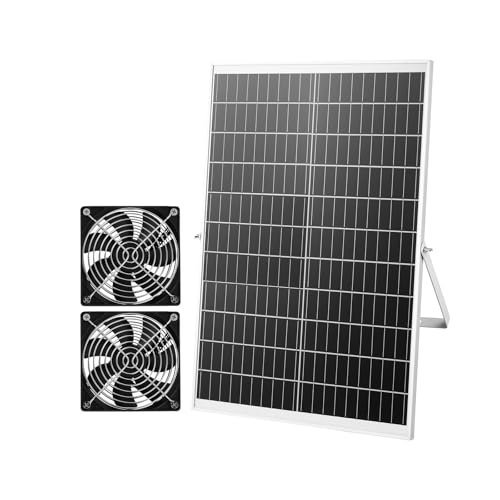 VEVOR Solar Powered Fan, 30W Solar Panel with 2 Fans, Adjustable Solar Panel Angle, 2668 RPM High-Speed, Flexible Installation, Fast Air Exchange for Greenhouse, Grow Tents, Chicken Coops, Shelters - size: 4.7" Fan×2 -30W