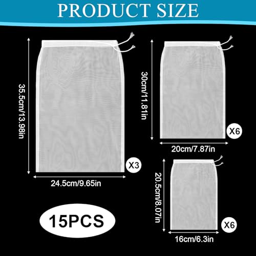 Cheese Cloth Bag For Straining Reusable Nut Milk Bags Nylon Washable Fine Mesh Strainer Bags for for Almond Yogurt Juice Cheese Making Cold Brew Coffee Beer Tea (15Pcs（3 Size）)