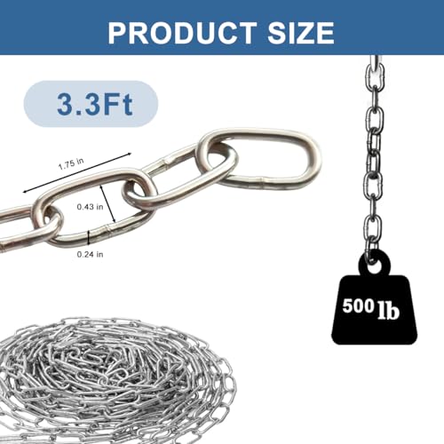 Heavy Duty Security Chain 1/4 in x 3.3 ft | Cut Proof, Hardened Alloy Steel, Thick Steel, For Hanging Plant, Pet, Anchoring, Towing, Bicycles, Moped