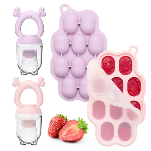 Breastmilk Popsicle Molds & Baby Fruit Feeder Teether (2 Set) | Teething Gum Relief, Freezer Tray with Lid, for Pureed Vegetables, BPA Free Silicone, Safe Self-feeding, Easy Fill, 4 Month+ - color: Pink / Purple