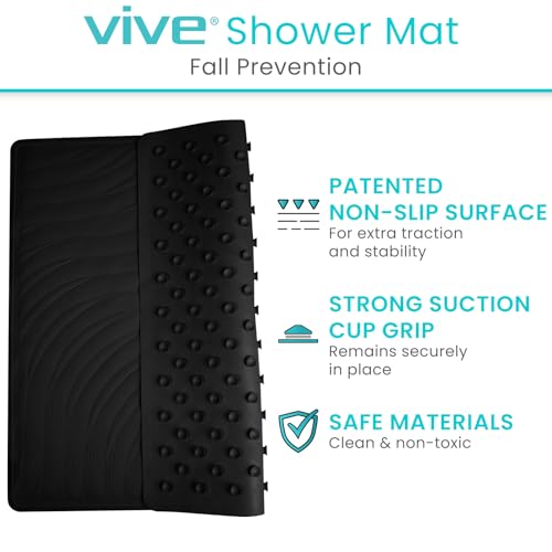 Vive Shower Mat - 22" by 22" Square Non Slip Large Bath Mat for Bathtub - Patented Design - Suction Cup Traction Skid Pad for Stalls Floors Tub - Textured Rubber with Drain Hole - color: Midnight Black