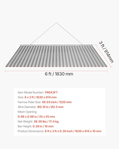 VEVOR Drag Harrow, 6 x 3 ft, High-Efficiency Chain Harrow Rake, ATVs UTVs Tractors Attachments, Durable Galvanized Steel Mesh Drag Mat with Towing Chain, for Gravel Driveway Ruts Farm Field Leveling - size: 72.05 x 35.98 x 0.39 inch