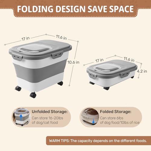 SEWIU Dog Food Storage Container Up to 2pack*20LB,Collapsible Dog Food Container with Travel Silicone Bowl and Scoop for Dog/Cat/Bird Food/Cat litter,Keep Dry Food Fresh,Easy to Move. - color: 2-20LB-gray