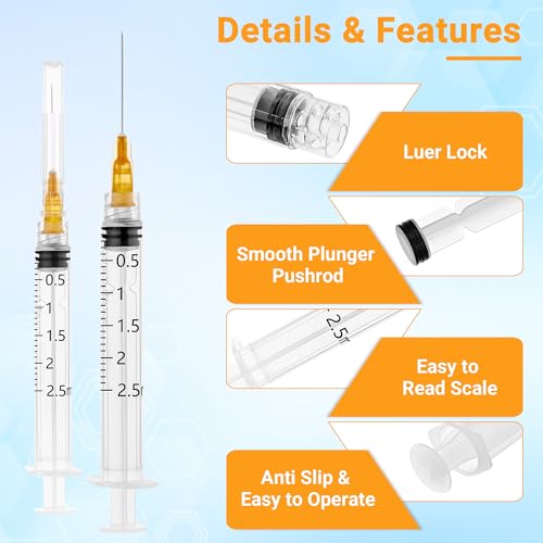 100 Pack 2.5mL/cc 25Ga 1 Inch Disposable Luer Lock Lab Syringes, Individually Sealed Packed - style: 2.5ml-25G 1"