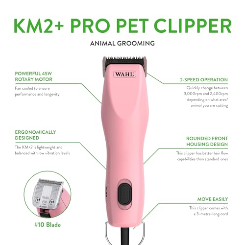 Wahl Pro Animal KM2+ Corded Clipper, Pink | High-Carbon Steel Blades, Quiet 2-Speed Motor with Low Vibration, 14 ft Cord, Comfortable Dog Trimmer, Built for Durability