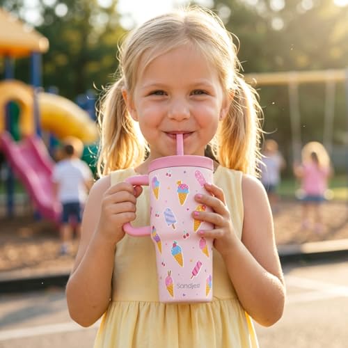 SANDJEST Ice Cream Stainless Steel Tumbler 20oz with Handle and Silicone Straw Locking Lid for Kids Girls, Birthday Christmas Back to School - color: Ice Cream