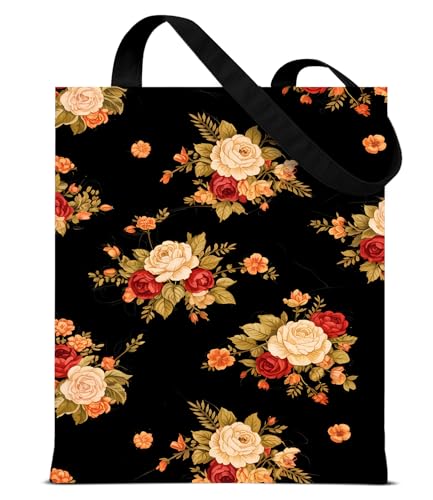 Aesthetic Floral Canvas Tote Bag - Reusable Shoulder Tote Bag for Women Lady Casual Vacation, Shopping, Work, Gym - color: Floral Rose