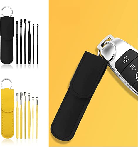 12 Pcs Ear Pick Earwax Removal Kit, Ear Cleaning Tool, Stainless Steel Earwax Removal Tool with Leather Storage Box (Black&Yellow) - color: Black and Yellow