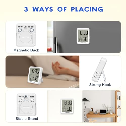 Geevon 4Pack Mini Indoor Thermometer Hygrometer with Comfort Indicator, Room Temperature & Humidity Monitor with Time Display, °C/°F & 12/24H - size: 4 pack, style: 256360