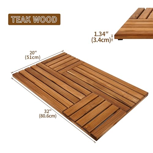 Utoplike Teak Wood Bath Mat, Shower Mats for Bathroom 32 x 20 inch Large | with Non-Slip Pads, Wood Floor Sturdy Mat for Inside Shower, Luxury Spa Home or Outdoor - size: 32" x 20" (Rectangular)