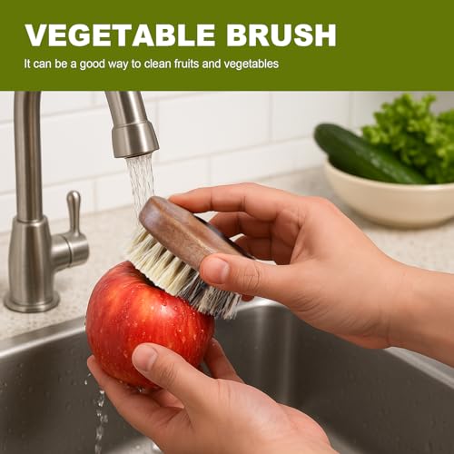 SAMEBUTECO Fruit & Vegetable Cleaning Brushes with Acacia Wood Handle Natural Half Sisal Bristle Half Palm Fibers Bristles Design,Oval Shape Easy Hold,Pack of 2,Brown