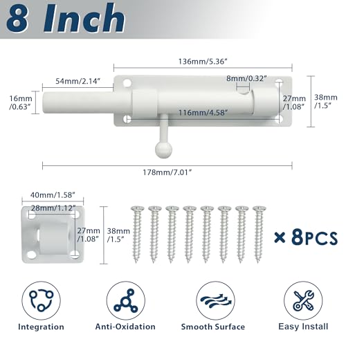 Alise 8 inch Barrel Bolt Latch,Heavy Duty Slide Lock for Barn Door | White SUS304 Stainless Steel Padlock-Style Slide Bolt Latch,Security Gate Latch for Wooden Fence,Interior or Outdoor Door - color: White, size: 8 Inch