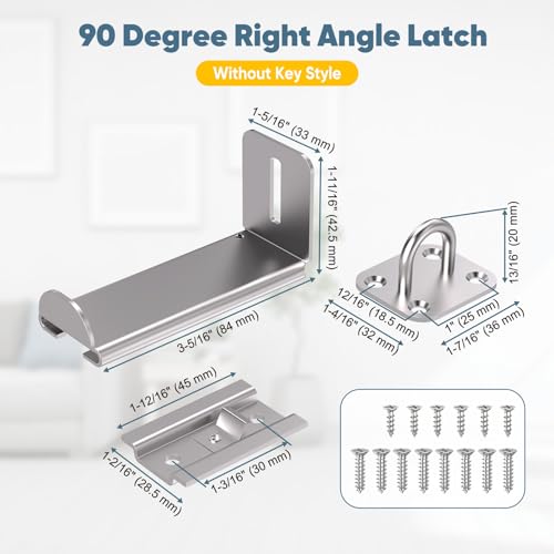 90 Degree Right Angle Door Locks, 3.3 Inch Thickened Sliding Hasp Latch for Inward Opening/Closet/Shed/Barn Door, Cabinet - Heavy Duty Latch for Home Security, Silver, 2PCS - color: Silver, size: 3.3In-2PCS