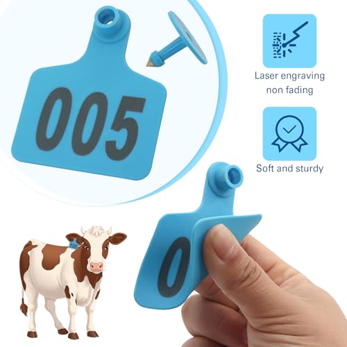 Cattle Ear Tags 001-100, 100Pcs Plastic Livestock Ear Tag for Cows Goats Sheep Pigs with Pliers Applicator & 2 Pins, Animal ID Tags for Ranch Farm Herd Tracking, Laser Print (001-100, Blue) - color: Blue